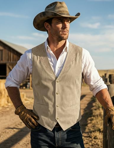 COOFANDY Men's Western Vest Suede Cowboy Vest Casual Slim Fit Waistcoat - color: Beige (With Pattern), size: Medium