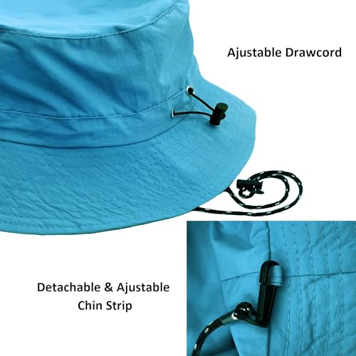 woogwin Waterproof Bucket Rain Hat with Chin Strap Quick Dry Packable Boonie Sun Hat Safari Hat UV Protection - color: Lake Blue