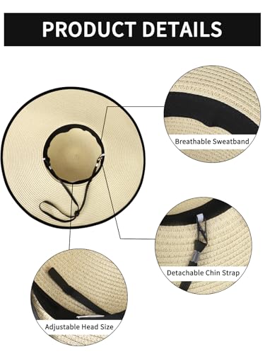 Sun Beach Straw Hats for Women, Summer Wide Brim Hat - color: Beige Black, size: X-Large