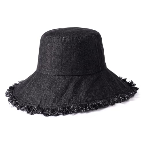 CHOK.LIDS Frayed Bucket Hat Washed Cotton Floppy Wide Brim Boonie Cap - color: Black Denim