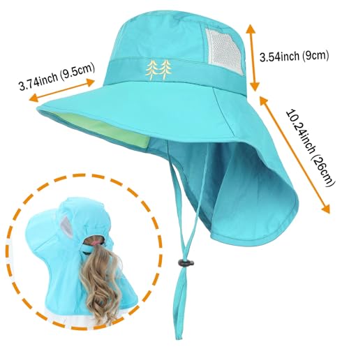 Kids Sun Hats UPF 50+ Sun Protection Hat for Kids with Neck Flap Adjustable Large Brim Beach Fishing Hat for Age 3-12 - color: Sky Blue+grey