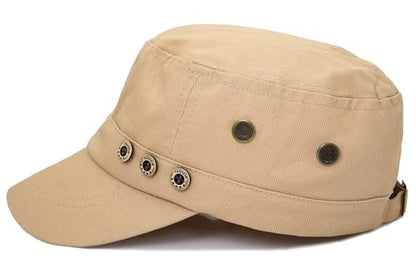 Initlove Cadet Army Cap Military Unisex Flat Top Hat for Men Women - color: 3 Button Beige