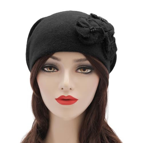 ZLYC Women Floral Slouchy Beanie Hat Double Layer Winter Knit Skull Cap - color: Solid Black