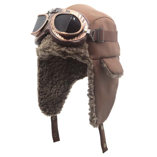 Adults Vintage Aviator Hat Trapper Cap - color: Brown Hat+smoke Lenses