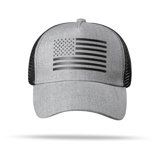 American Flag Trucker Hat - Snapback Hat, Baseball Cap for Men Women - Breathable Mesh Side, Adjustable Fit - for Casual Wear - color: Heather Gray/Black