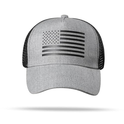 American Flag Trucker Hat - Snapback Hat, Baseball Cap for Men Women - Breathable Mesh Side, Adjustable Fit - for Casual Wear - color: Heather Gray/Black