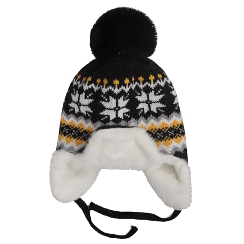 IPENNY Women's Winter Faux Fur Lined Trapper Hat, Warm Knitted Beanie with Pom Pom & Earflaps, Warm Ski Cap for Cold Weather - color: Black