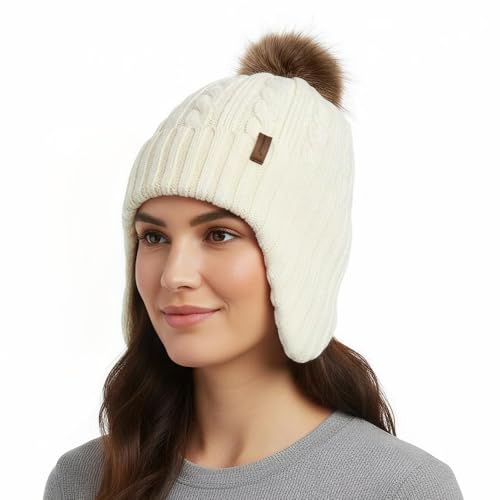 Comhats Wool Beanie with Ear Flaps and Removable Pompom, Winter Warm Hat - color: 95566a_beige White