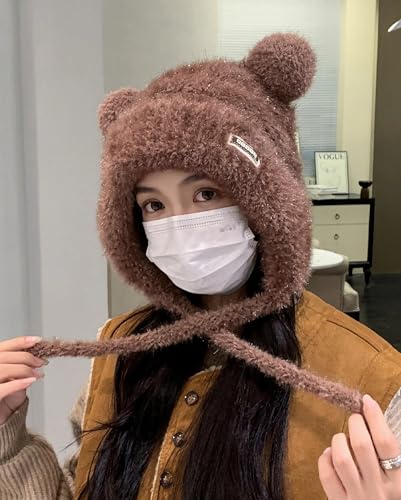 Women Winter Sherpa Beanie Hats Knit Ear Flap Hat Fleece Lined - color: Reddish Brown