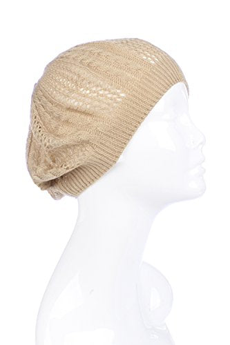 an Womens Lightweight Cut Out Knit Beanie Beret Cap Crochet Hat - Many Styles - color: Beige Multi Textured