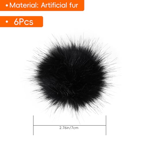 6 Pcs 2.8 Inch Faux Fur Pom Poms for Hats with Elastic Loop - color: Black-6PCS