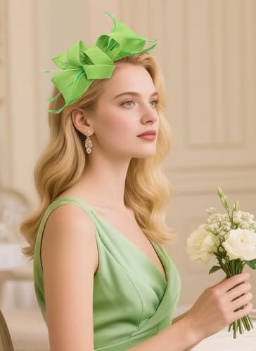 Zinniday Victoria Tea Party Hat - 2025 Bow Derby Attire Hats with Hairpin,1920s 50s Feather Fascinators for Women - color: Sage Green