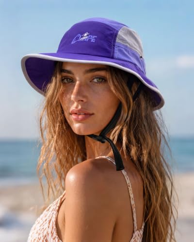 CLAPE Surf Bucket Hat with Chin Strap, Waterproof UPF 50+ Surfing Hat Packable Brimmed Boonie Hat for Women Men - color: Sh2507a-purple