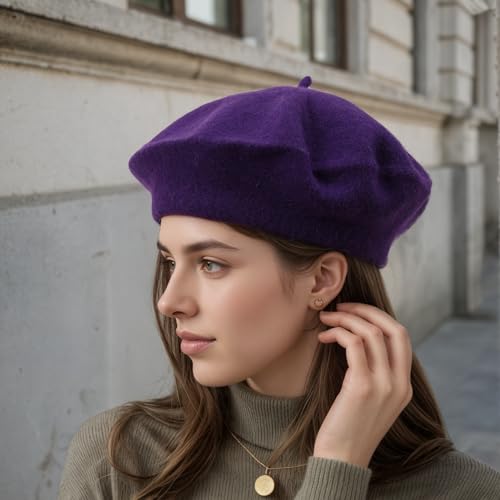 Women's Wool Beret: 70% Wool French Hat for Daily, Lightweight & Chic Berets for Women - color: Purple
