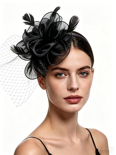 SAFERIN Women's Fascinators Feathers Tea Party Hat Veil Headband with Hair Clip for Cocktail Church - color: Ta2-floral Mesh Black