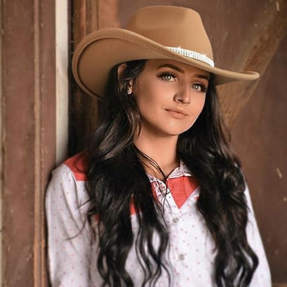 Western Cowboy Hats for Women Classic Felt Wide Brim Fedora Hat with Belt Buckle Retro Panama Hat Unisex Rolled up Cap - color: 1 Pack : Camel With 3 Rhinestones Bands
