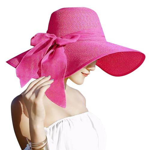 Lanzom Womens 5.7 Inches Big Bowknot Straw Hat Large Floppy Foldable Roll up Beach Cap Sun Hat UPF 50+ - color: Rose