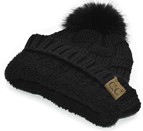C.C Knit Beanie Hat – Fuzzy Fleece Lined Warm Winter Hat, Faux Fur Pom Soft Stretchy Slouchy Knit Cap, Cold Weather Beanie - color: Black / Black Pom