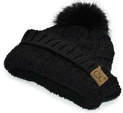 C.C Knit Beanie Hat – Fuzzy Fleece Lined Warm Winter Hat, Faux Fur Pom Soft Stretchy Slouchy Knit Cap, Cold Weather Beanie - color: Black / Black Pom