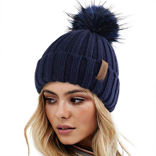FURTALK Womens Winter Knitted Beanie Hat with Faux Fur Pom Warm Knit Skull Cap Beanie for Women - color: Navy With Navy Pom