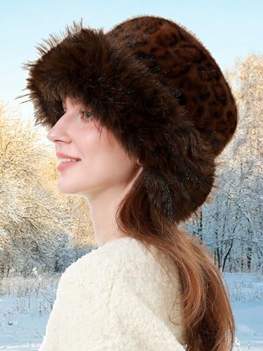 sy soul young Women's Leopard Faux Fur Hats Fluffy Bucket Hat Russian Style - color: Classic Leopard 2