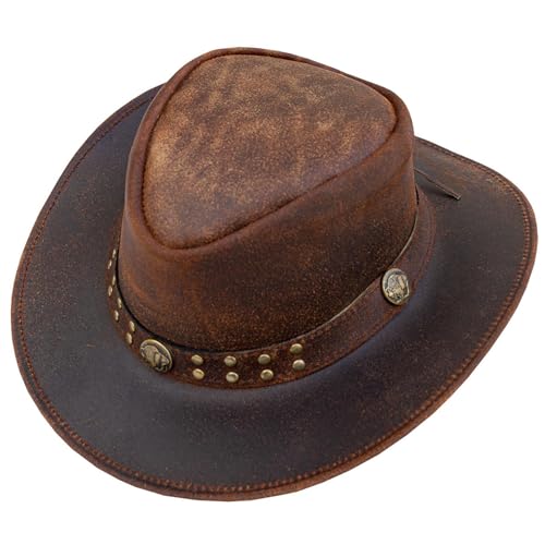 Leather Cowboy Hat for Men Women Western Australian Outback Hat with Shapeable Wide Brim, Aussie Style Leather Hat - color: Brown, size: Medium