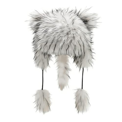 Raccoon Tail Parent-Child Plush Hat Warm Faux Fur Animal Hat with Tail - color: Adult Style-white