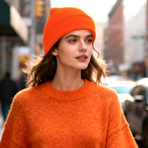 PFFY Beanie for Men Women Unisex Knit Cuffed Winter Beanies Hats Skull Cap - color: Orange