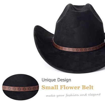 Western Cowboy Hat for Women Men Retro Suede Hat - color: Black-small Flower Belt