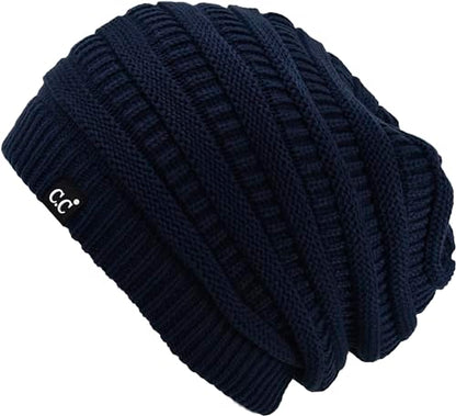 C.C Beanie Oversized Hat with Fuzzy Lining – Thick Knit Thermal Beanie for Cold Weather, Soft Warm Fleece Lined Cap - color: Navy Blue