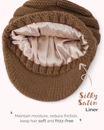 Hat Hut Beanie Hats for Women Men Satin Lined Winter Hats for Women Slouchy Beanies Satin Lined Beanie with Brim Visor - color: Khaki