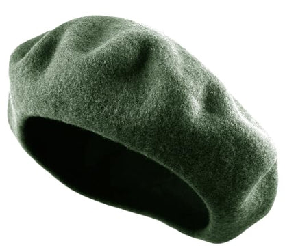 Women's French Beret Hat Solid Color Plain Wool Classic Traditional Artist Cap - color: Olive Green
