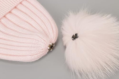 Women Real Fur Pom Pom Winter Ribbed Cuffed Knit Beanie Hat - color: Rc Pink