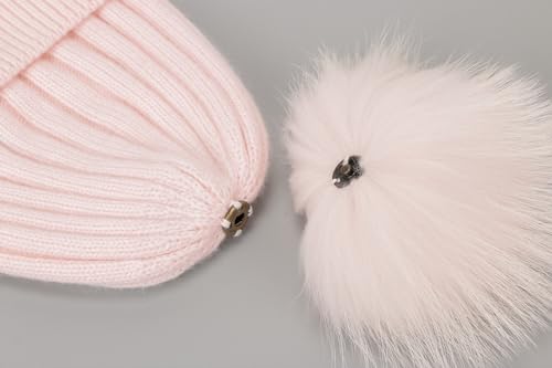 Women's Winter Ribbed Cuffed Beanie Skull Cap with Genuine Raccoon Fur Pom - color: Rc Pink