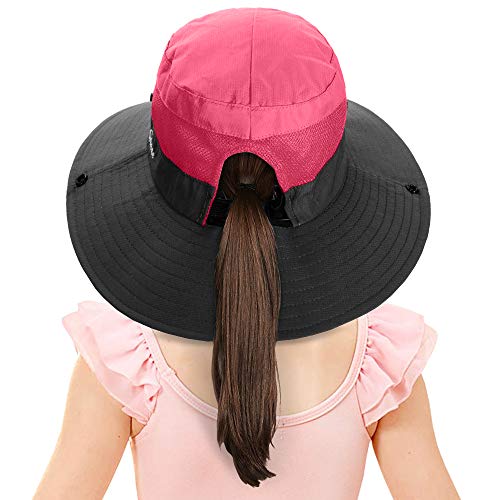 LCZTN Kids Ponytail Sun Hat Wide Brim UV Protection for Girls Beach Bucket Cap - color: Watermelon Red, size: Small