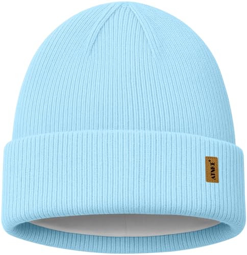 ATNKE Beanie for Men Women, Soft Warm Fleece Lined Winter Ski Beanies Hat Unisex Thick Stocking Knit Cuffed Skull Cap - color: #Light Blue