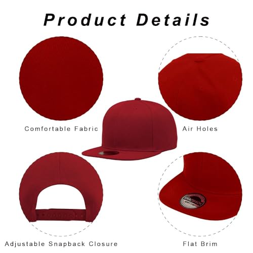 ZH Plain Flat Brim Snapback Baseball Caps Adjustable Blank Baseball Caps Wholesale 12 Pack - color: Red