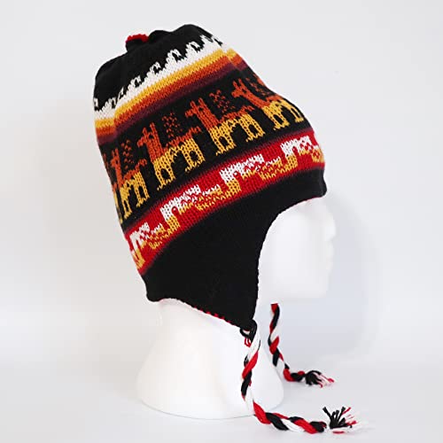 Alpaca Wool Blend Winter Hat Chullo Inca Peruvian Design Reversible with Earflaps. Beanie Medium Size. Unisex - color: Red/Black