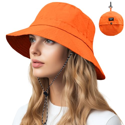 NPQQUAN Sun Bucket Hats for Woman Men Lightweight Sun Hat Packable Foldable - color: (Orange)