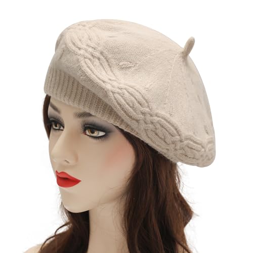 ZLYC Women French Beret Hat Reversible Solid Color Knit Warm Artist Cap - color: Cable Knit Beige