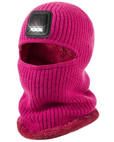 Winter Balaclava Knitted Ski Mask with LED Light - Fleece Lined Full Face Cover Windproof Snow Mask for Skiing, Motorcycling - color: Rose Red