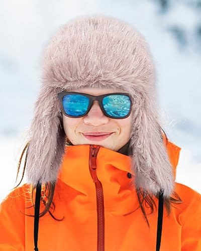 Peicees Winter Fur Hat for Women, Ladies Russian Ushanka Furry Trapper Hat with Warmer Ear Flaps and Glitter Silver Design - color: Pink