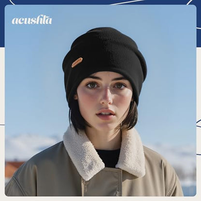 ACUSHLA 100% Merino Wool Slouchy Beanie for Women Men Winter Hat Skull Cap - color: Black