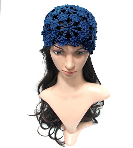 Women Lace Crochet Beanie Hat Handmade Knitted Cutout Floral Skull Cap - color: Navy