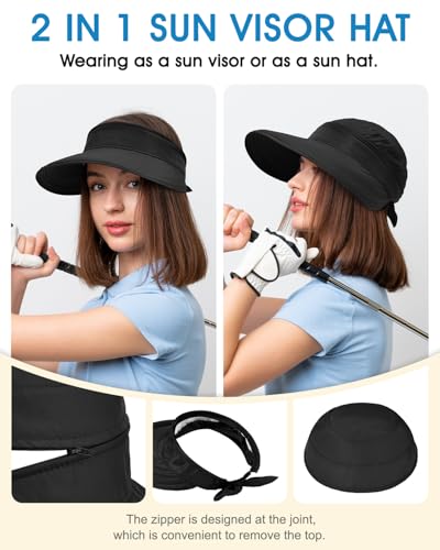 Century Star Sun Hat for Women Wide Brim Zip-Off Beach Hat Visor Ponytail UV Protection Summer Visors - color: Black