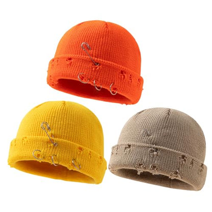 Unisex Adult Hip-hop Distressed Beanie with Iron Ring Punk Grunge Knitted Ripped Hat - color: 3 Pcs C