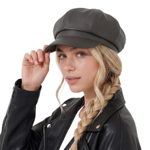 C.C Knitted Newsboy Cap for Women – Soft Knit Hat with Adjustable Velcro, Lightweight Warm Winter Style - color: Faux Leather-gery Brown