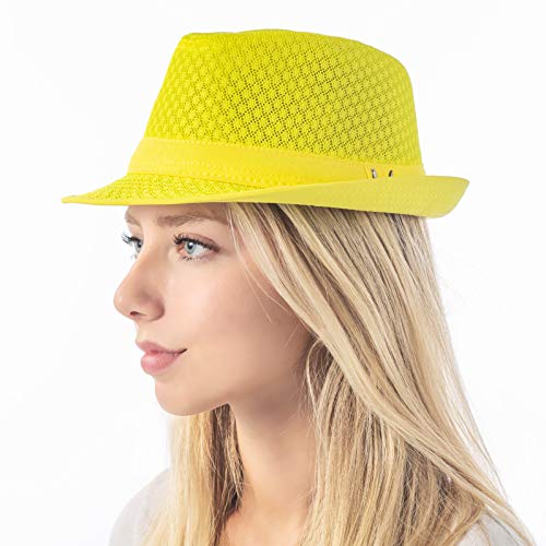 The Hat Depot Light Weight Classic Soft Cool Mesh Crushable Fedora hat - color: Neon Yellow, size: Large-X-Large