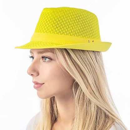 The Hat Depot Light Weight Classic Soft Cool Mesh Crushable Fedora hat - color: Neon Yellow, size: Small-Medium