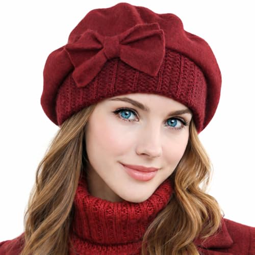Women Knit 100% Wool Beret Artist Winter French Beret Hats - color: Claret